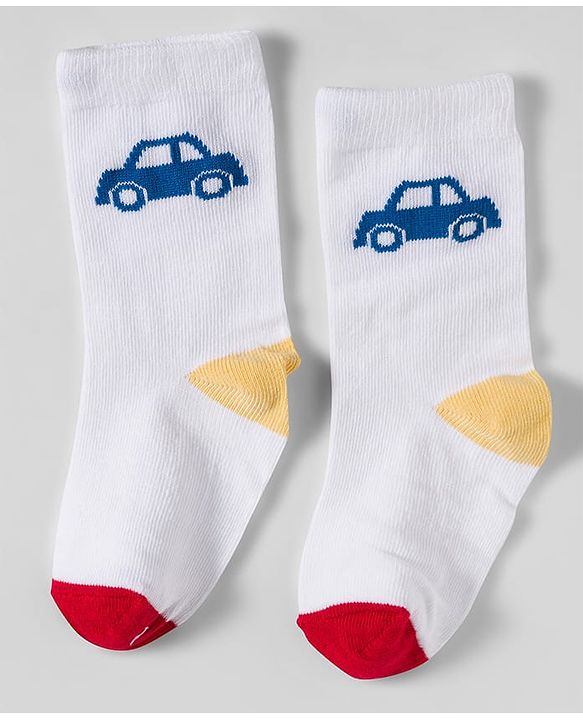 Cute Walk by Babyhug Knit Ankle Length Socks With Vehicle Design Pack Of 3 - White & Blue