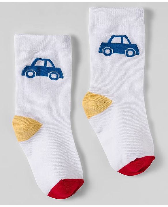 Cute Walk by Babyhug Knit Ankle Length Socks With Vehicle Design Pack Of 3 - White & Blue