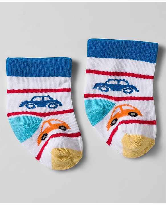 Cute Walk by Babyhug Knit Ankle Length Socks With Vehicle Design Pack Of 3 - White & Blue