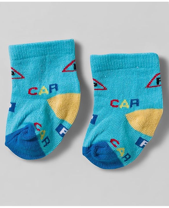 Cute Walk by Babyhug Knit Ankle Length Socks With Vehicle Design Pack Of 3 - White & Blue