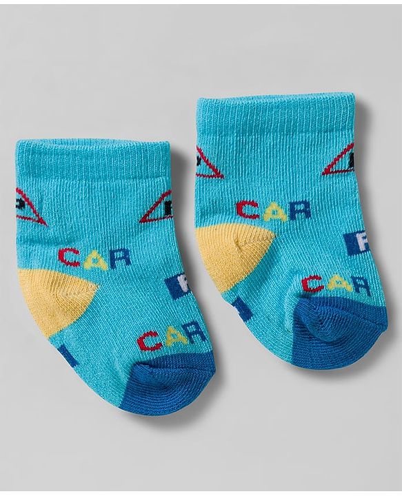 Cute Walk by Babyhug Knit Ankle Length Socks With Vehicle Design Pack Of 3 - White & Blue