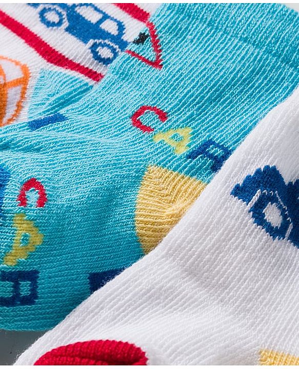 Cute Walk by Babyhug Knit Ankle Length Socks With Vehicle Design Pack Of 3 - White & Blue