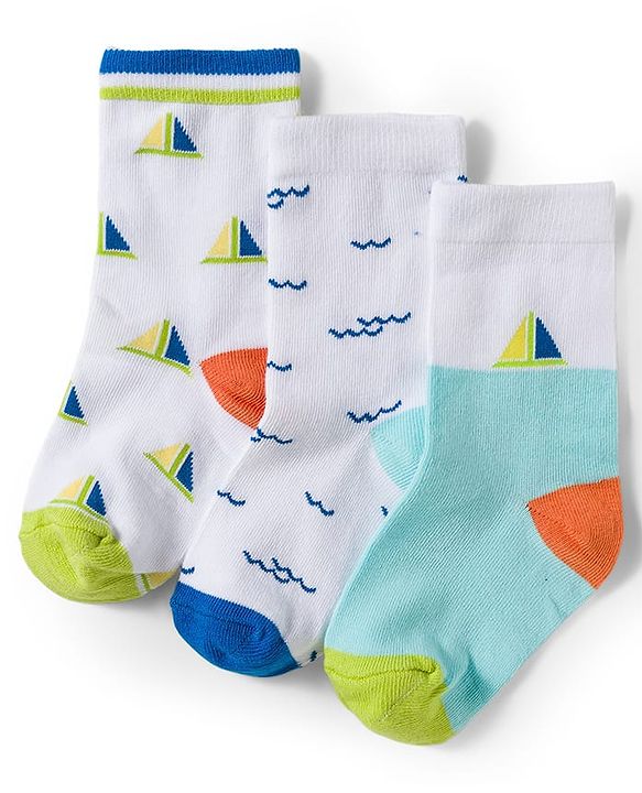 Cute Walk by Babyhug Knit Ankle Length Antibacterial Socks With Sealife Print Pack Of 3 - White & Blue