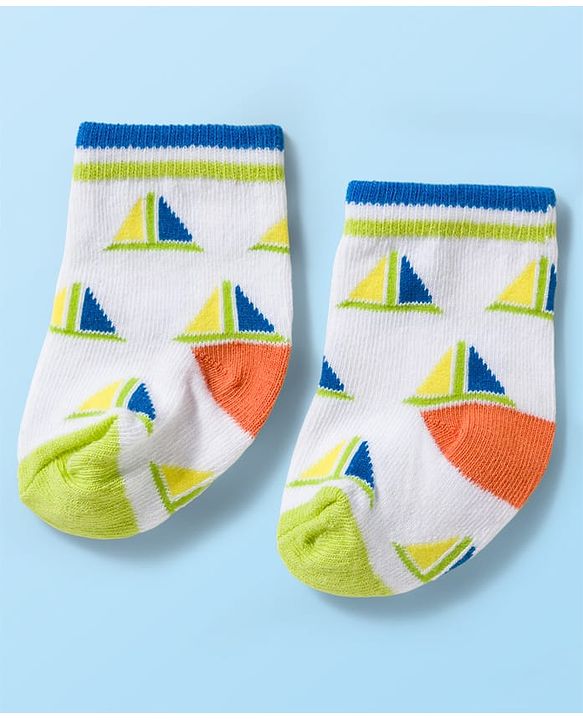 Cute Walk by Babyhug Knit Ankle Length Antibacterial Socks With Sealife Print Pack Of 3 - White & Blue
