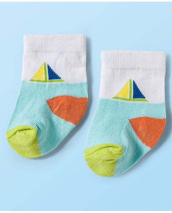 Cute Walk by Babyhug Knit Ankle Length Antibacterial Socks With Sealife Print Pack Of 3 - White & Blue