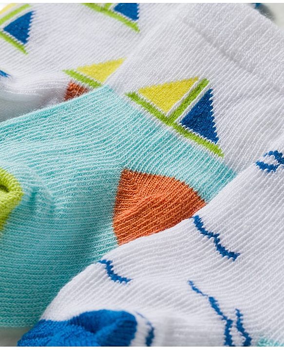 Cute Walk by Babyhug Knit Ankle Length Antibacterial Socks With Sealife Print Pack Of 3 - White & Blue