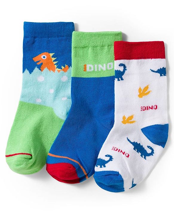 Cute Walk by Babyhug Knit Ankle Length Antibacterial Socks With Dino Print Pack Of 3 - White Blue & Green