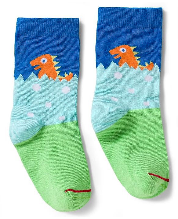 Cute Walk by Babyhug Knit Ankle Length Antibacterial Socks With Dino Print Pack Of 3 - White Blue & Green