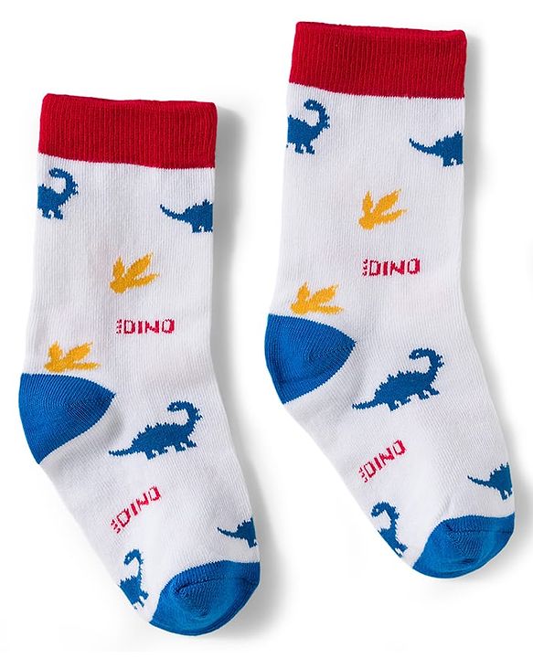 Cute Walk by Babyhug Knit Ankle Length Antibacterial Socks With Dino Print Pack Of 3 - White Blue & Green
