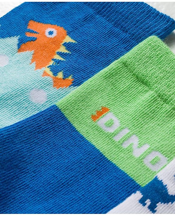 Cute Walk by Babyhug Knit Ankle Length Antibacterial Socks With Dino Print Pack Of 3 - White Blue & Green