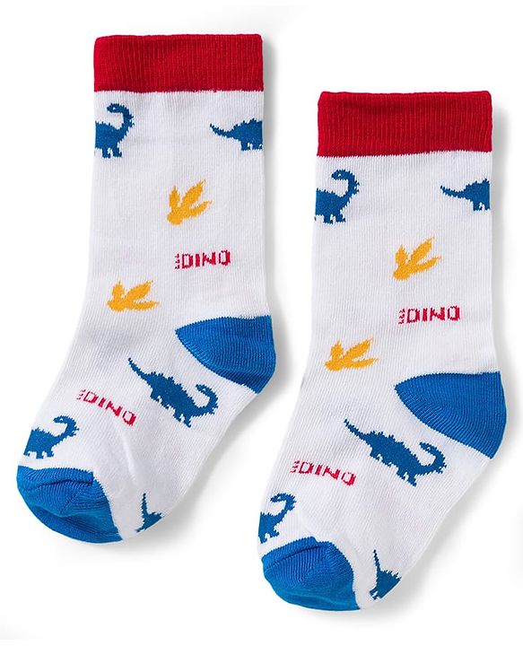 Cute Walk by Babyhug Knit Ankle Length Antibacterial Socks With Dino Print Pack Of 3 - White Blue & Green