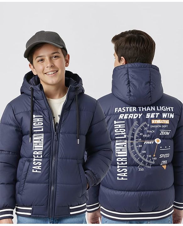 Pine Kids Woven Full Sleeves Hooded Jacket With Faster Than Light Text Print - Navy Blue