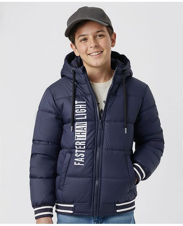 Pine Kids Woven Full Sleeves Hooded Jacket With Faster Than Light Text Print - Navy Blue