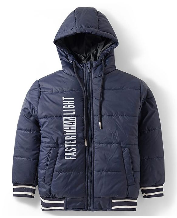 Pine Kids Woven Full Sleeves Hooded Jacket With Faster Than Light Text Print - Navy Blue