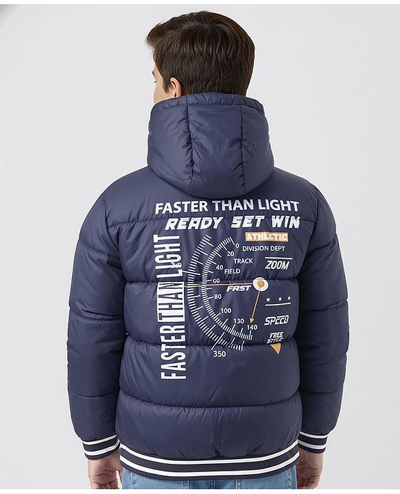 Pine Kids Woven Full Sleeves Hooded Jacket With Faster Than Light Text Print - Navy Blue