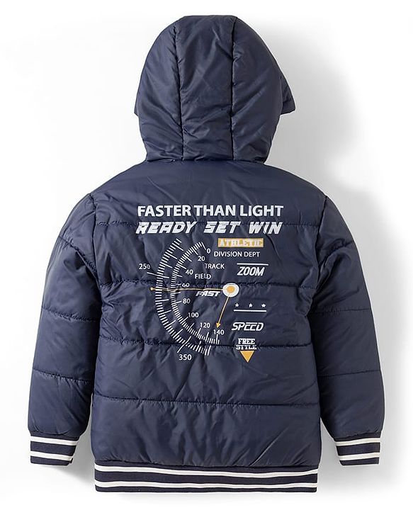Pine Kids Woven Full Sleeves Hooded Jacket With Faster Than Light Text Print - Navy Blue