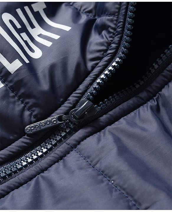 Pine Kids Woven Full Sleeves Hooded Jacket With Faster Than Light Text Print - Navy Blue