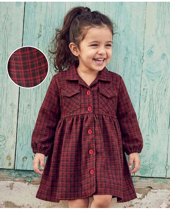 Babyhug Cotton Knit Full Sleeves Checkered Winter Frock - Wine