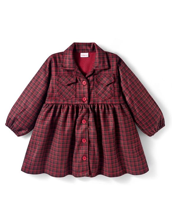 Babyhug Cotton Knit Full Sleeves Checkered Winter Frock - Wine
