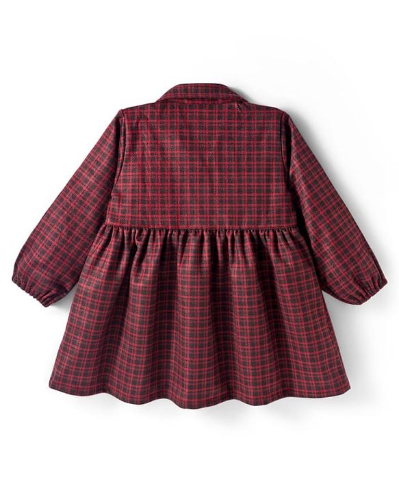 Babyhug Cotton Knit Full Sleeves Checkered Winter Frock - Wine