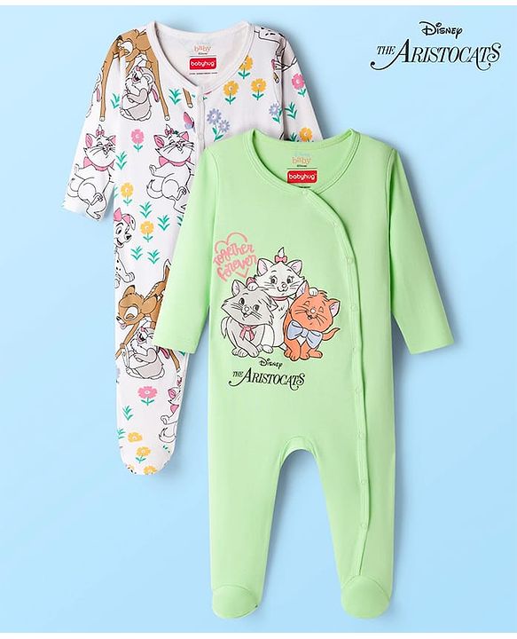 Babyhug Disney Interlock Knit Footed Sleepsuit with Disney Character Graphic Pack of 2 - Light Green & White