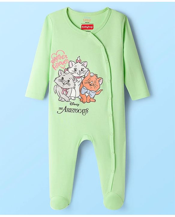 Babyhug Disney Interlock Knit Footed Sleepsuit with Disney Character Graphic Pack of 2 - Light Green & White