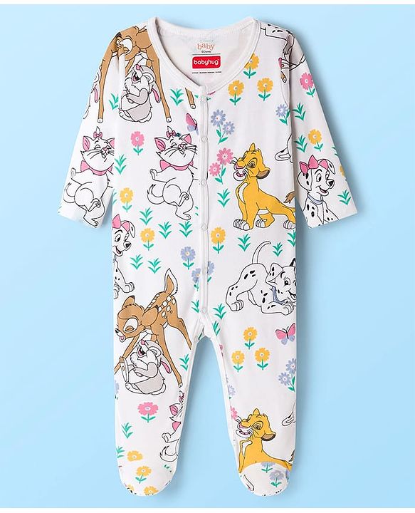 Babyhug Disney Interlock Knit Footed Sleepsuit with Disney Character Graphic Pack of 2 - Light Green & White