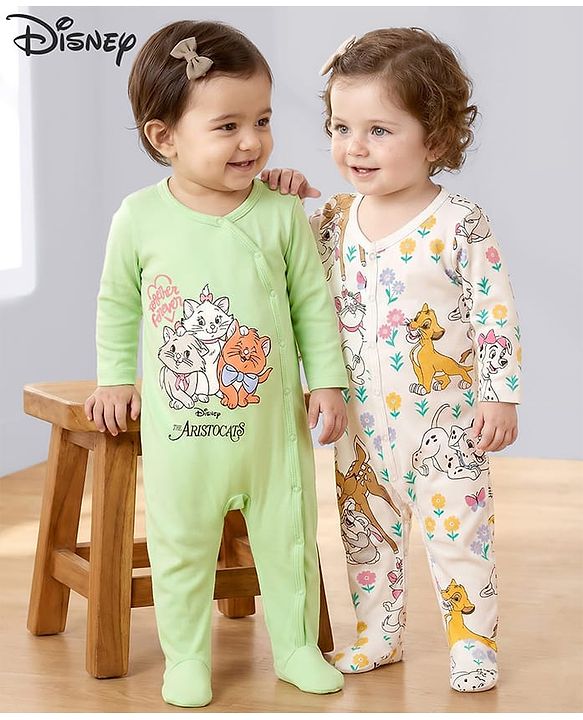 Babyhug Disney Interlock Knit Footed Sleepsuit with Disney Character Graphic Pack of 2 - Light Green & White