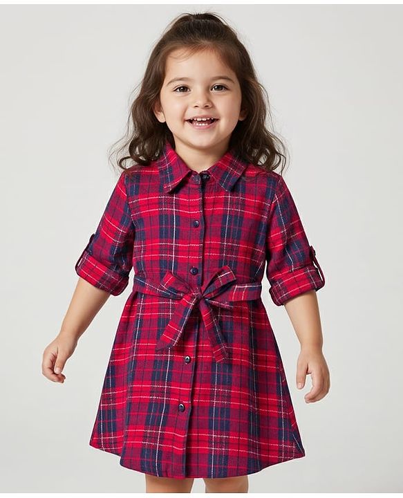 Babyhug Cotton Woven Full Sleeves Shirt Dress & Belt with Checks Print - Red