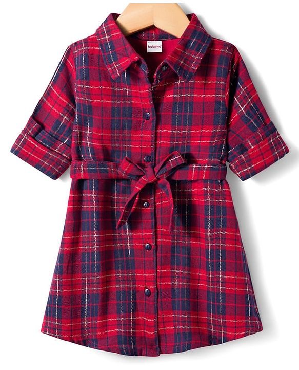 Babyhug Cotton Woven Full Sleeves Shirt Dress & Belt with Checks Print - Red