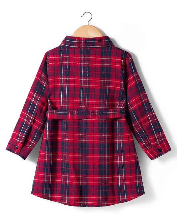 Babyhug Cotton Woven Full Sleeves Shirt Dress & Belt with Checks Print - Red