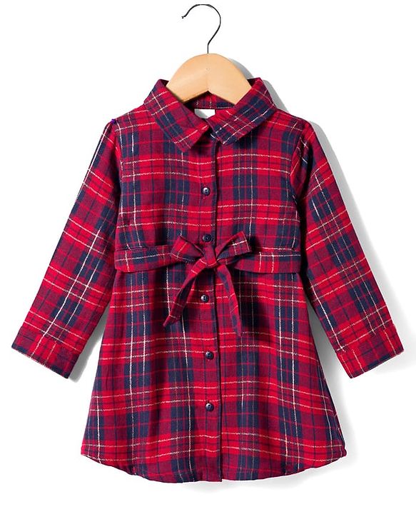 Babyhug Cotton Woven Full Sleeves Shirt Dress & Belt with Checks Print - Red