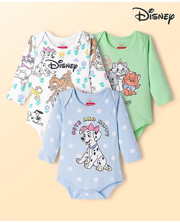 Babyhug Disney Interlock Knit Full Sleeves Onesie with Disney Character Graphic Pack of 3 - Light Blue  White & Light Green