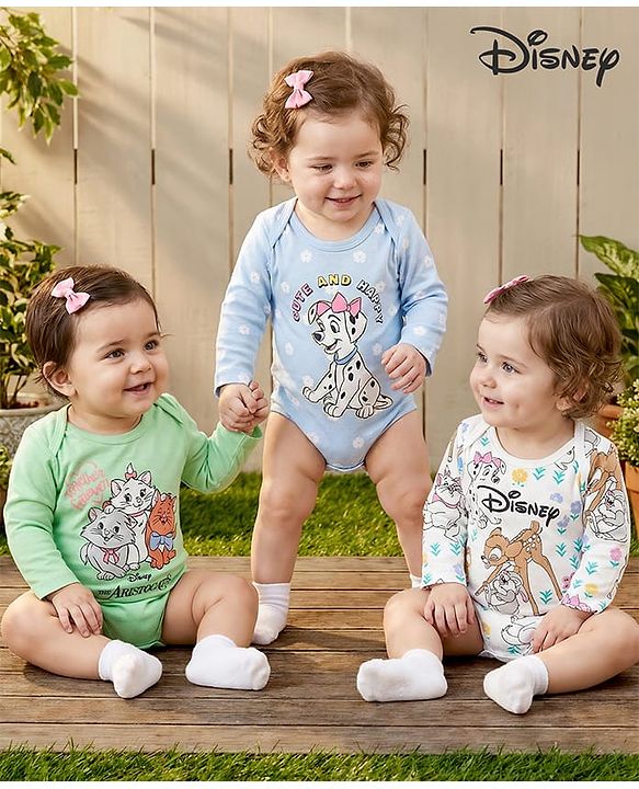 Babyhug Disney Interlock Knit Full Sleeves Onesie with Disney Character Graphic Pack of 3 - Light Blue  White & Light Green