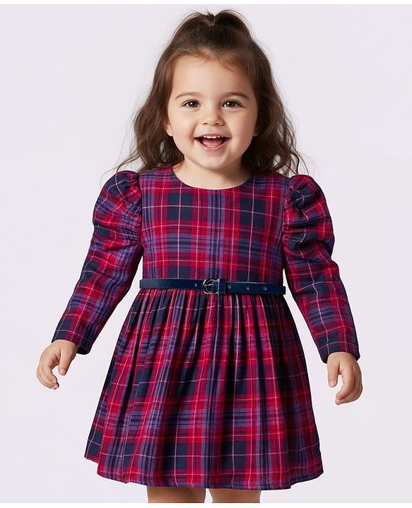 Babyhug Cotton Woven Full Sleeves Winter Frock With Checks & Belt - Purple