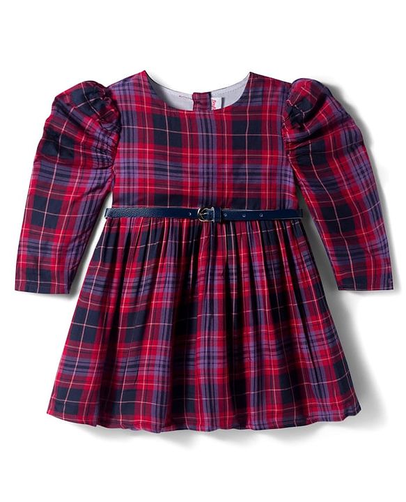 Babyhug Cotton Woven Full Sleeves Winter Frock With Checks & Belt - Purple