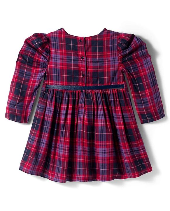 Babyhug Cotton Woven Full Sleeves Winter Frock With Checks & Belt - Purple