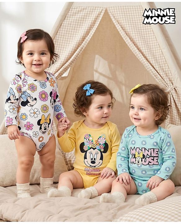 Babyhug Disney Interlock Knit Full Sleeves Onesies with Minnie Mouse Graphic Pack of 3 - Yellow Light Blue & White