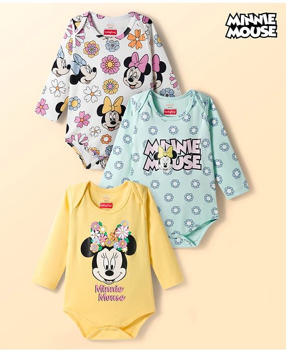 Babyhug Disney Interlock Knit Full Sleeves Onesies with Minnie Mouse Graphic Pack of 3 - Yellow Light Blue & White