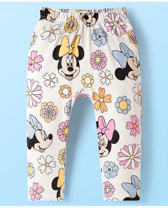 Babyhug Disney Interlock Knit Full Length Diaper Leggings With Minnie Mouse Graphics Pack Of 3 - Pink Light Blue & White