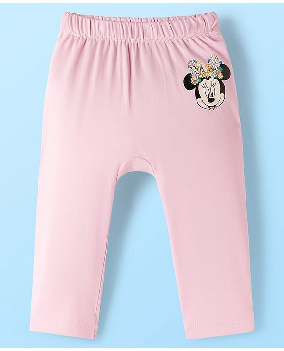 Babyhug Disney Interlock Knit Full Length Diaper Leggings With Minnie Mouse Graphics Pack Of 3 - Pink Light Blue & White