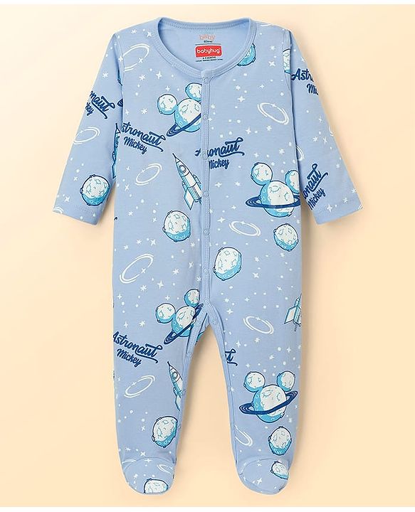 Babyhug Disney Interlock Knit Full Sleeves Sleepsuits With Space Theme Print Pack of 2 - White & Blue