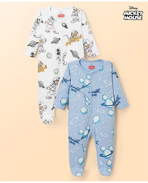Babyhug Disney Interlock Knit Full Sleeves Sleepsuits With Space Theme Print Pack of 2 - White & Blue