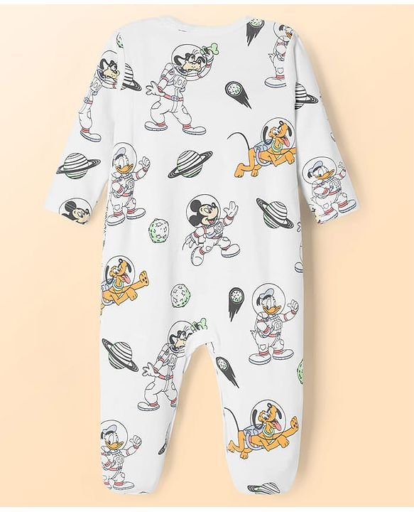 Babyhug Disney Interlock Knit Full Sleeves Sleepsuits With Space Theme Print Pack of 2 - White & Blue
