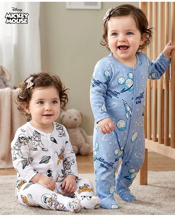 Babyhug Disney Interlock Knit Full Sleeves Sleepsuits With Space Theme Print Pack of 2 - White & Blue