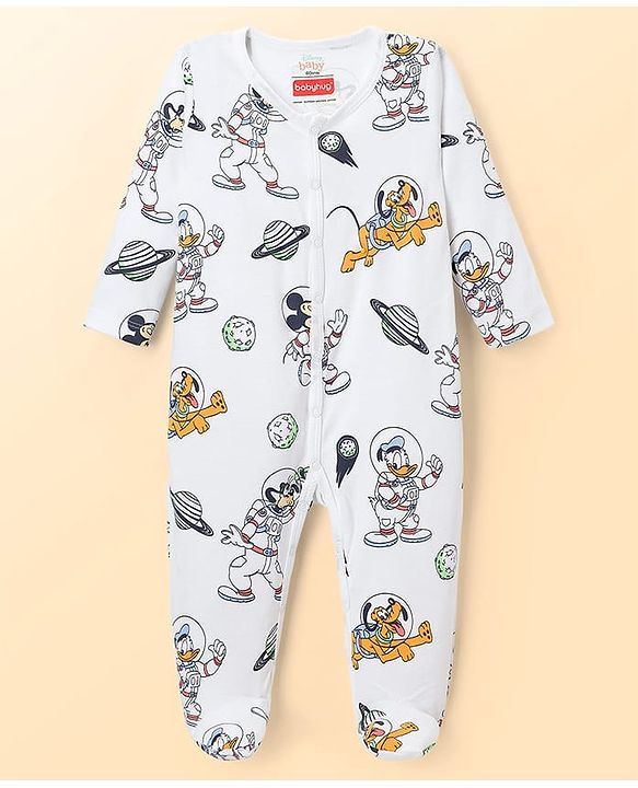 Babyhug Disney Interlock Knit Full Sleeves Sleepsuits With Space Theme Print Pack of 2 - White & Blue