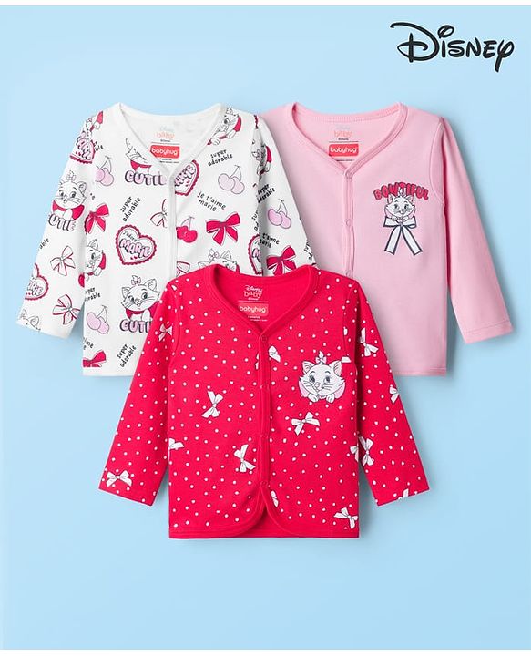 Babyhug Disney Interlock Knit Full Sleeves Front Open Jhabla with Marie Graphic Pack of 3 - Red Pink & White