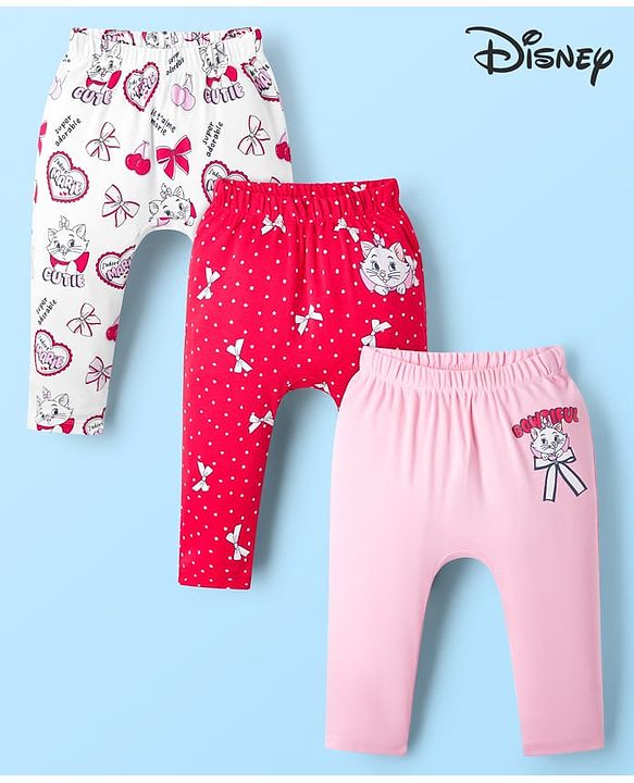 Babyhug Disney Interlock Knit Full Length Diaper Leggings with Marie Graphic Pack of 3 - Red Pink & White