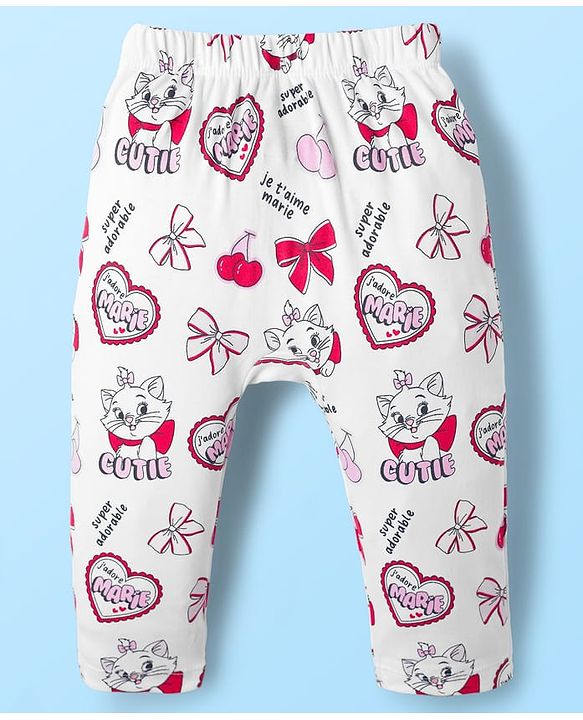 Babyhug Disney Interlock Knit Full Length Diaper Leggings with Marie Graphic Pack of 3 - Red Pink & White