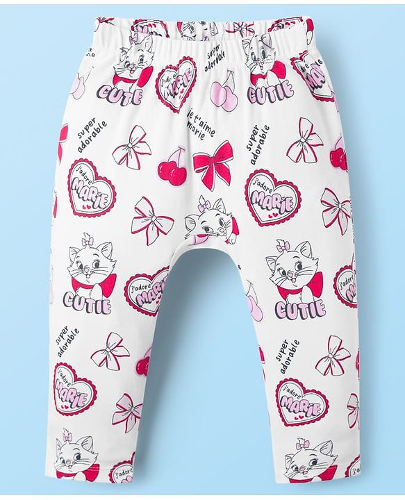Babyhug Disney Interlock Knit Full Length Diaper Leggings with Marie Graphic Pack of 3 - Red Pink & White